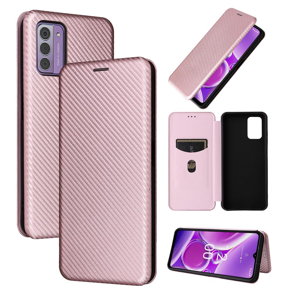 Simplicity Shockproof Carbon Fiber Case Compatible with Nokia G42 G 42 Leather Cover Non-Slip Stand Holder Magnetic Frame Protective Shell (Nokia G42,Pink)
