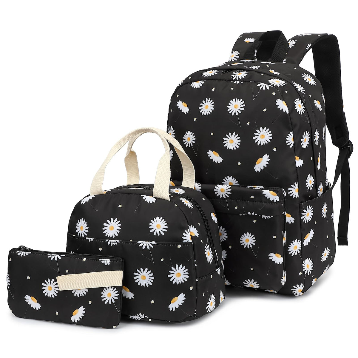 Fuyicat Flowers School Backpack Set for Girls, 3-in-1 Kids Teens Elementary Middle School Bags Bookbag with Lunch Bag Pencil Case (Daisy Black)