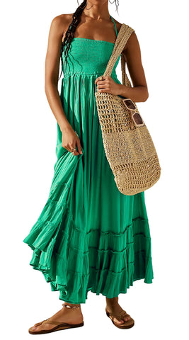 R.Vivimos Women's Summer Boho Halter Neck Backless Long Maxi Dress Sleeveless Ruffle Hem Dresses(XLarge,BrightGreen)