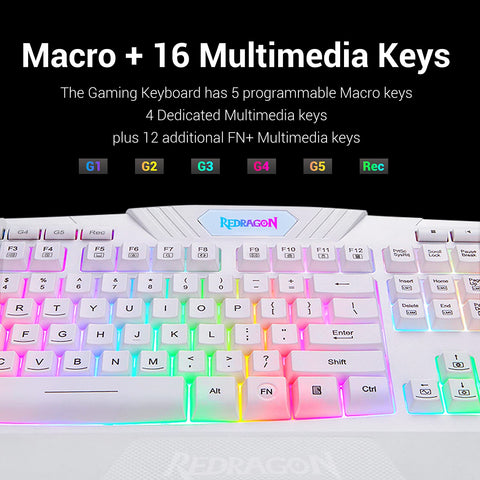 Redragon K503 PC Gaming Keyboard, RGB LED Backlit with Macro Recording, Wired, Multimedia Keys, Silent USB Keyboard with Wrist Rest for Windows PC Games (White)