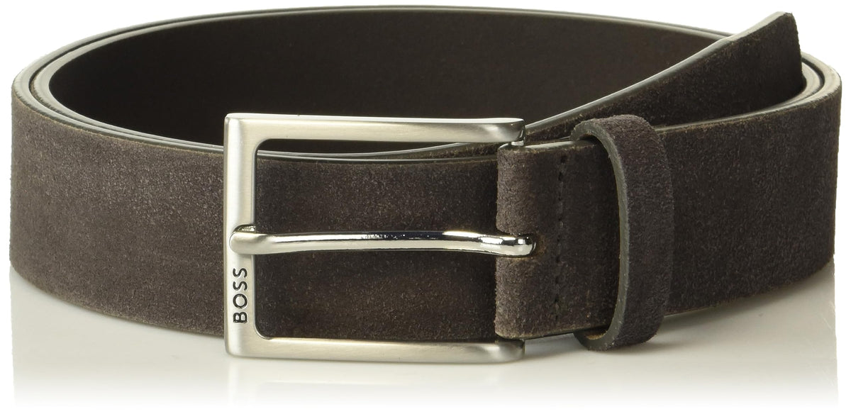 BOSS Eman Suede Leather Belt with Branding on Metal Frame