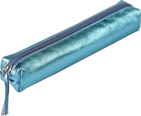 Clairefontaine - Ref 410118C - Miror Leather Slim Pencil Case - 4 x 2.5 x 19.5cm, Made From Genuine Lambskin Leather, Metal Zip With Leather Puller - Turquoise