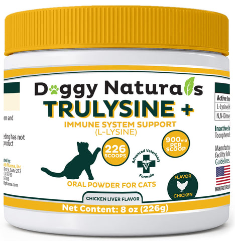 Trulysine Plus L-Lysine for Cats Immune Support Oral Powder 8oz/226g - Cats & Kittens of All Age, Sneezing, Runny Nose Squinting, Watery Eyes Chicken Liver Flavor (U.S.A)(226 Grams (900mg / Scoop))
