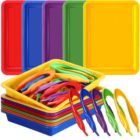 ReliThick 24 Pcs Craft Trays for Kids with Sorting Tweezers, Art Trays Plastic Serving Trays Organizer Tray Storage Tray Stackable Craft Trays for Kids Painting Office School DIY Projects