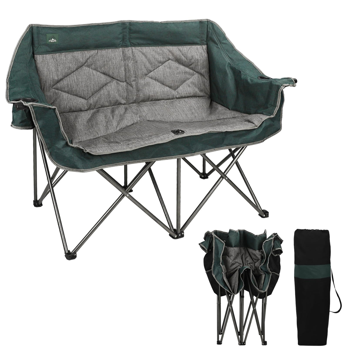 Northroad Folding Loveseat Camping Chair Portable Double Duo Full Padded Garden Chair for 2 Person Sofa w/ 2 Cup Holder,Wine Glass Holder,Mesh Storage,Support 600lbs for Picnic Beach Travel