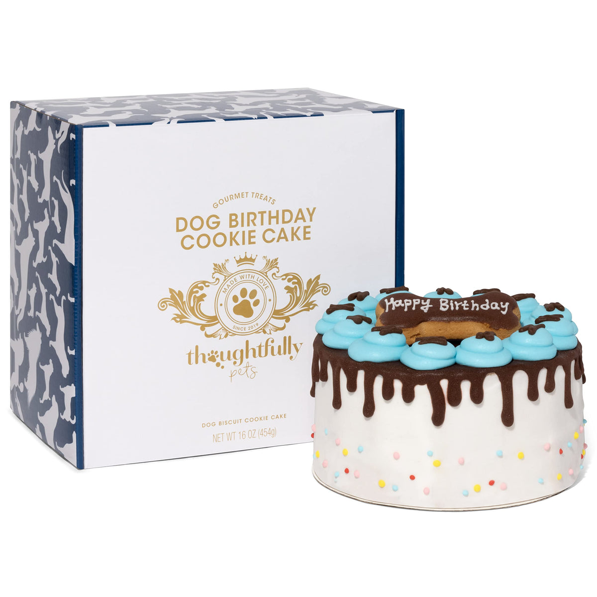 Thoughtfully Pets, Dog Happy Birthday Mini Cookie Cake, Blue, Peanut Butter Flavored, Hand Decorated Hollow Biscuit Cake for All Dog Breeds