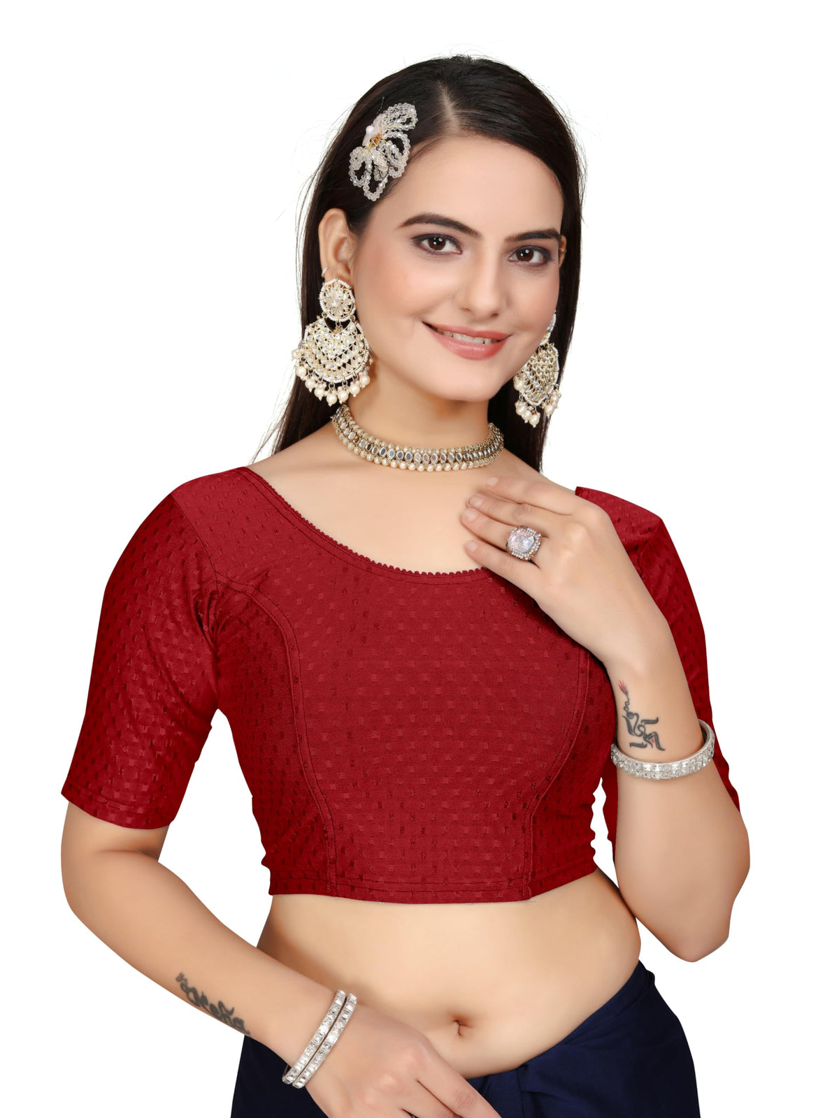 Kipzy Women's Round Neck Half Sleeve Blouse, Maroon, 34