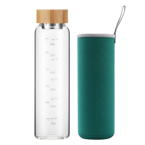 sunkey 1 Litre Glass Water Bottle with Bamboo Cap, Reusable Borosilicate Glass Bottle 1000 ml BPA Free (Green)