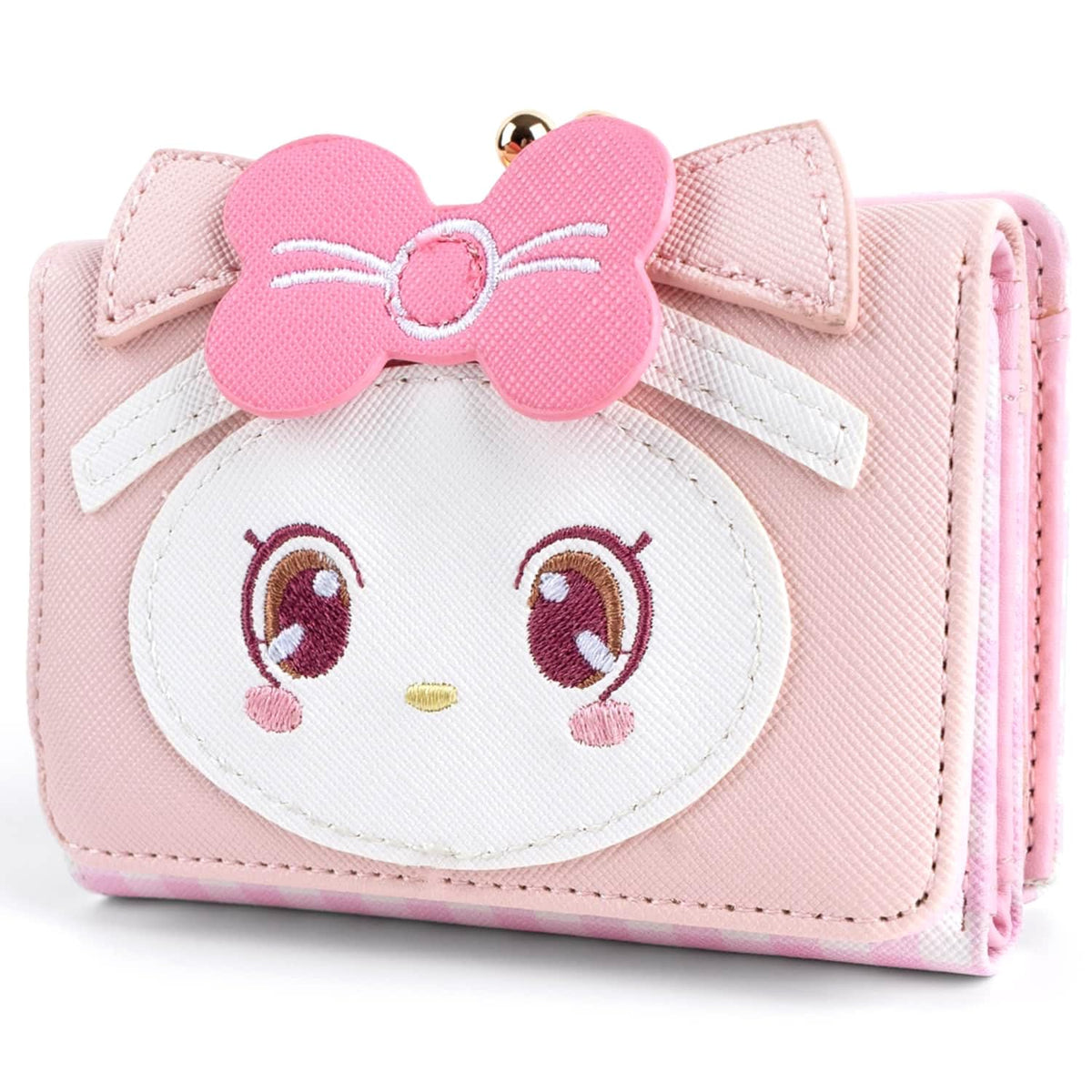 BelugaDesign Kawaii Cat Wallet | Pink Anime Melody Kitty Coin Purse Card Holder Zipper | White Face Eyes Bow Cute Faux Leather Pouch for Kids Girls Teens Women | Hello Case Stuff Sweet Birthday Gifts