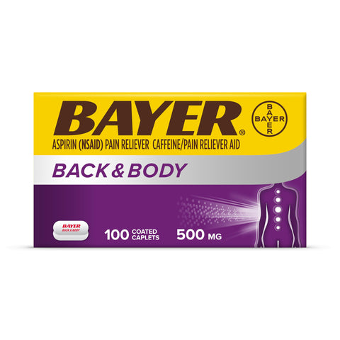 Bayer Back & Body Extra Strength Aspirin, 500mg Coated Tablets, Fast Relief at the Site of Pain, Pain Reliever with 32.5mg Caffeine, 100 Count