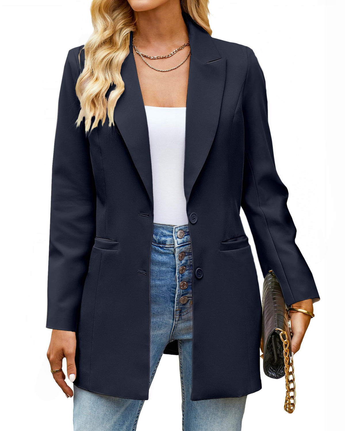 luvamia 2024 Blazers for Women Business Casual Long Blazer Jackets Dressy Work Professional Office Outfits Lapel Pockets Womens Jackets for Women Fashion Dressy Navy Blue Size Large Size 12 Size 14