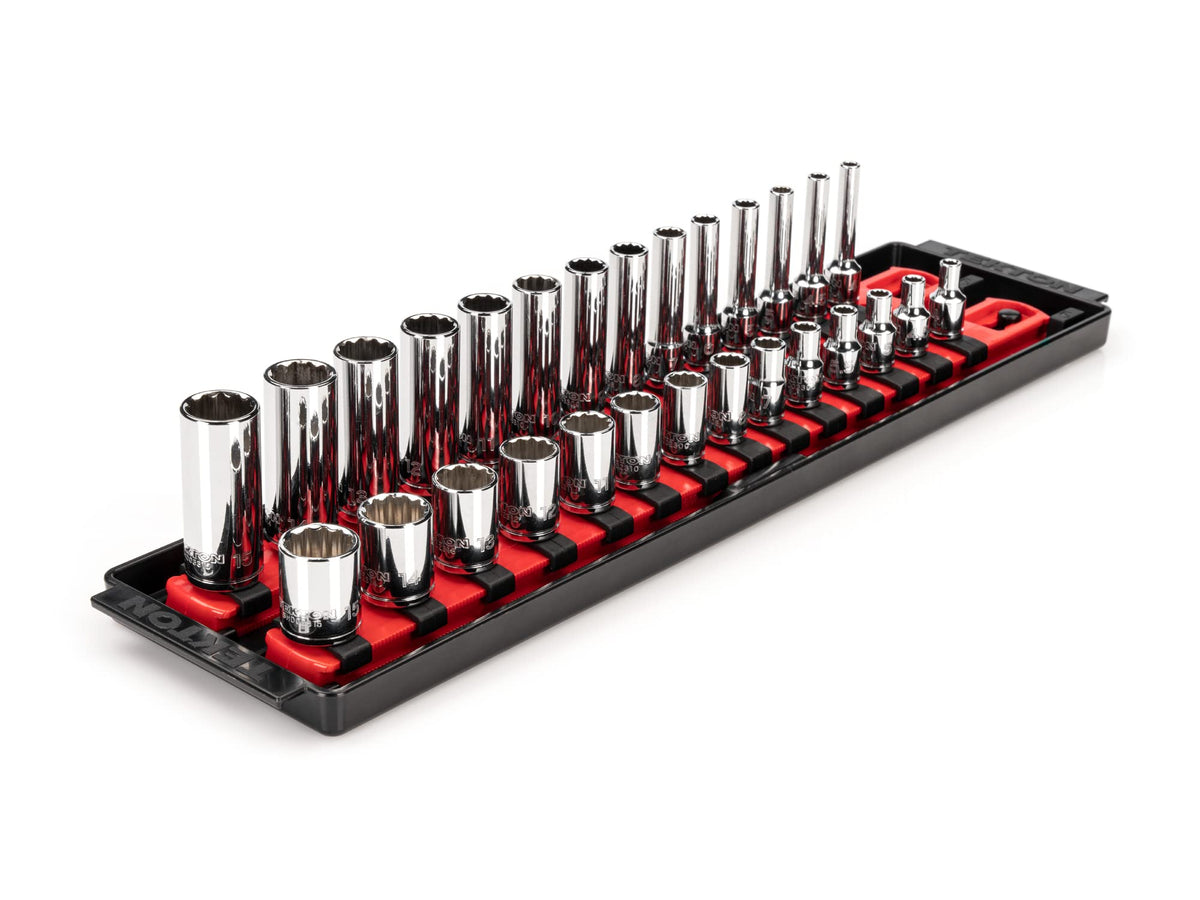 TEKTON 1/4 Inch Drive 12-Point Socket Set with Rails, 28-Piece (4-15 mm) | SHD90214