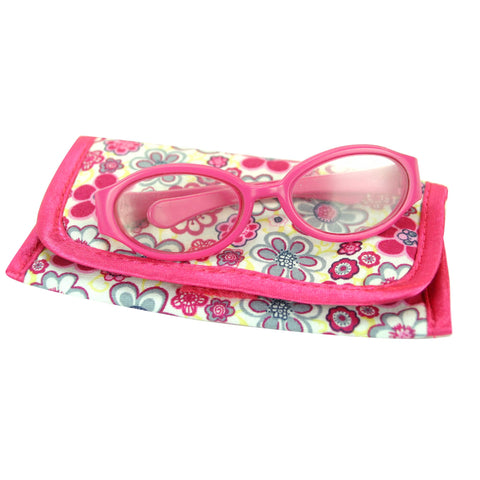 Sophia's Hot Pink Doll Eyeglasses with Plastic Oval Frame & Flower Print Fabric Case Accessory 2 Piece Set for 18" Dolls, Hot Pink