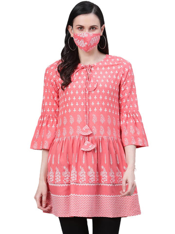 Yash Gallery Women's Rayon Floral Printed Short Kurta, Peach, XL