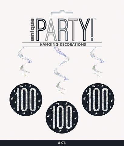 Unique 83792 Black Prismatic 100th Birthday Hanging Decorations,32" 6 Pcs, Age 100