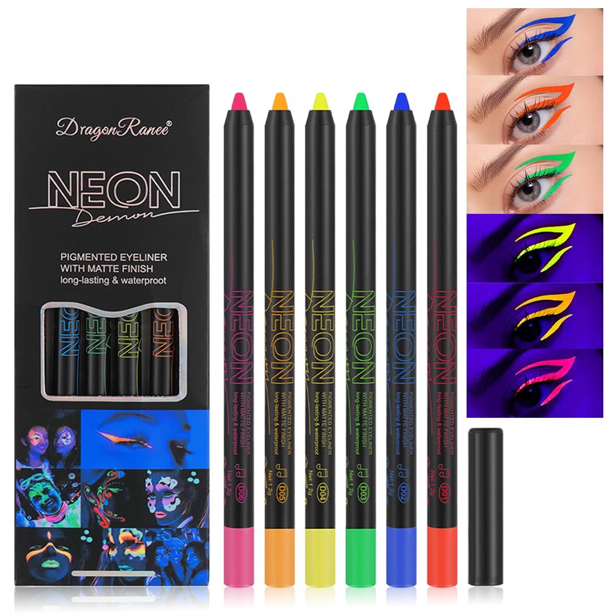 Neon Eyeliner Set,6 Colors Matte Colored Eyeliners Pen, Waterproof Smudge-proof Pigmented Graphic Liners,Glow In The Dark Body/Face Paint for Rave Halloween Makeup