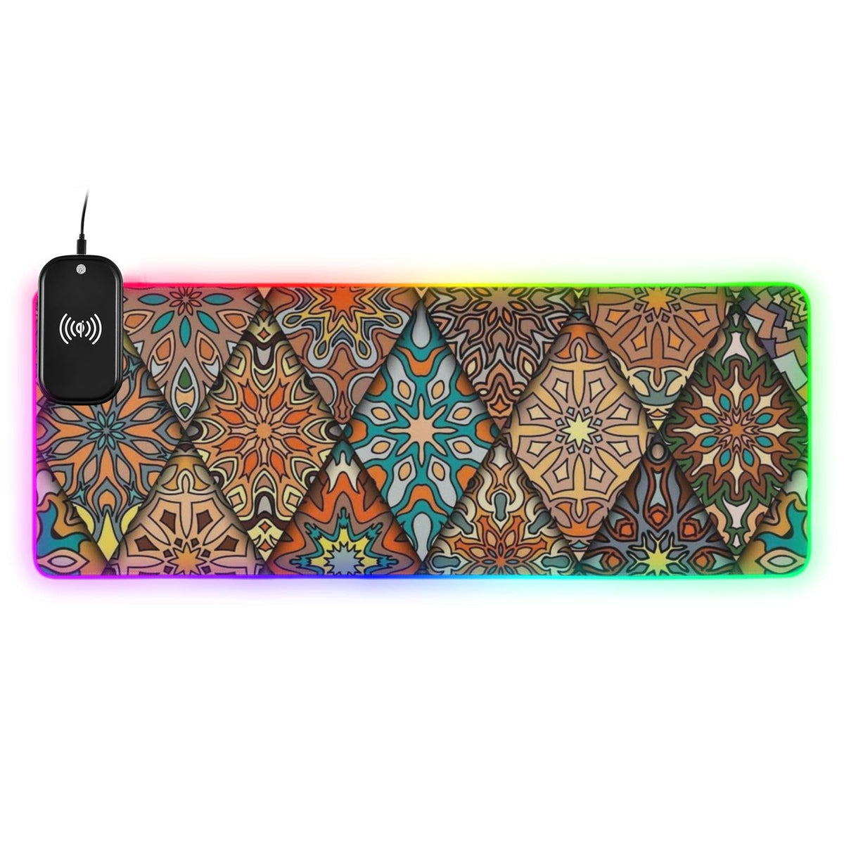 Boho Mandala Wireless Charging Mouse Pad for Mobile Phone Extra Large Gaming Mousepad with 13 Lighting Modes Computer Mat for Gaming MacBook PC Laptop Desk Home Office
