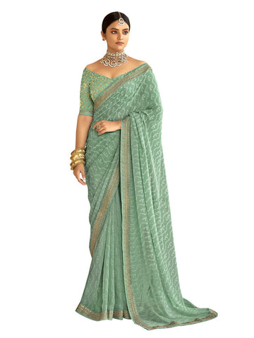 SIRIL Women's Bandhani Printed Embroidery Lace Georgette Saree(2302S131_Mint Green)