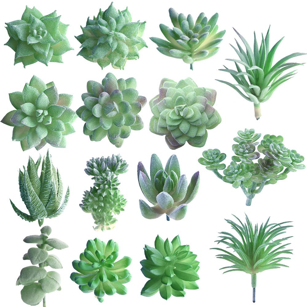 FEPITO 15 Pcs Artificial Succulent Plants Green Unpotted Faux Flower Succulents Mini Echeveria Picks Bulk Stems for Home Indoor Fairy Garden Decorations