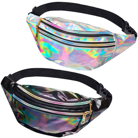 2 Pieces Holographic Fanny Pack,Hologram PU Waist Pack PVC Waterproof Shiny Waist Bag,Laser Waist Bum Bag with Adjustable Belt,Fashion Rave Waist Bag For Women Men Kids, Shiny Silver and Black