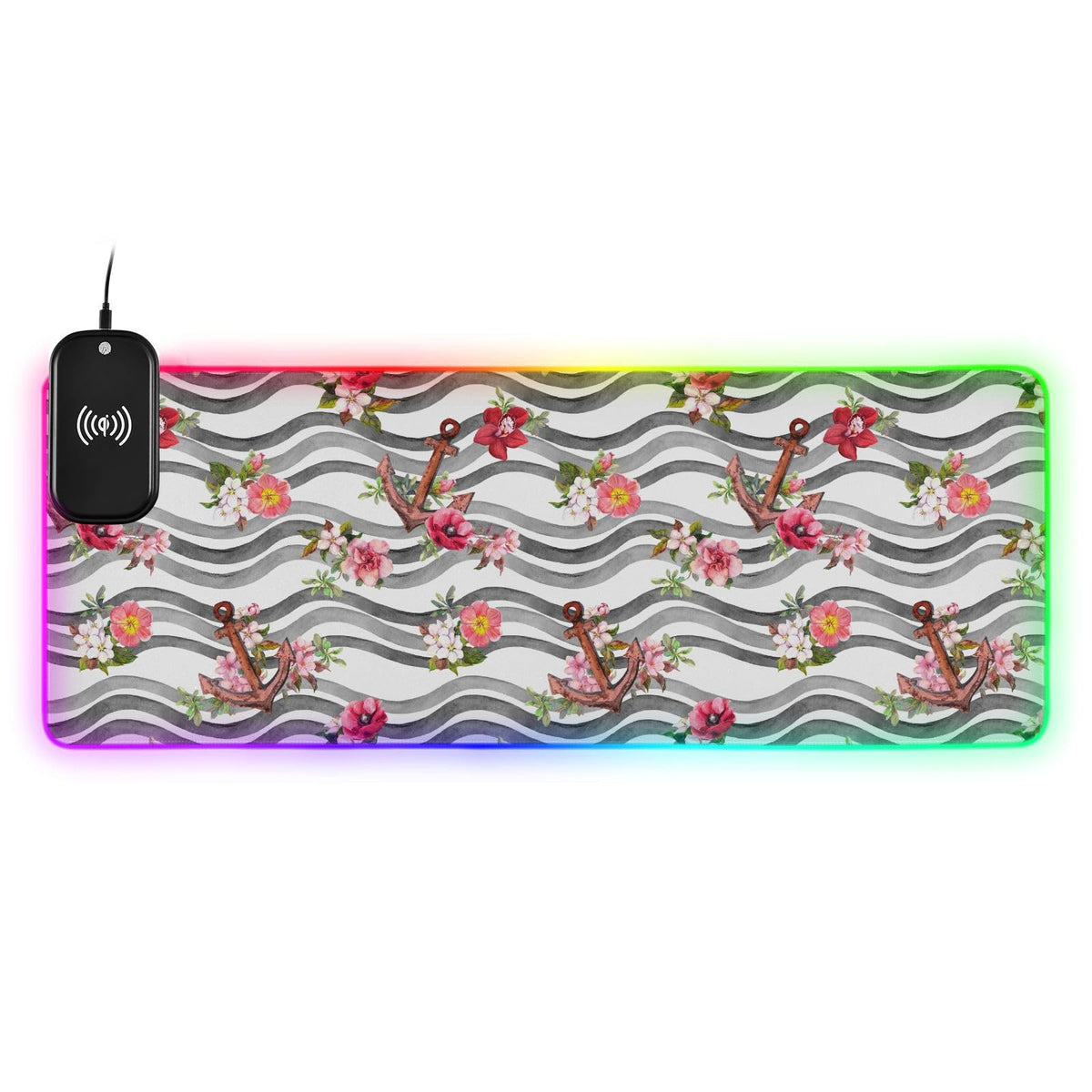 Anchor Flowers Sea Waves Wireless Charging Mouse Pad for Mobile Phone Extra Large Gaming Mousepad with 13 Lighting Modes Mouse Mat for Gaming MacBook PC Laptop Desk Office Home