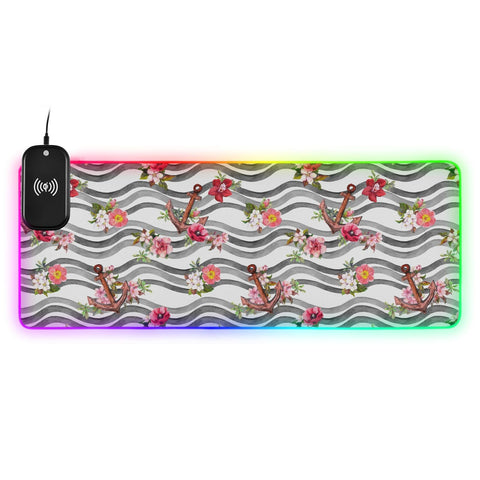 Anchor Flowers Sea Waves Wireless Charging Mouse Pad for Mobile Phone Extra Large Gaming Mousepad with 13 Lighting Modes Mouse Mat for Gaming MacBook PC Laptop Desk Office Home
