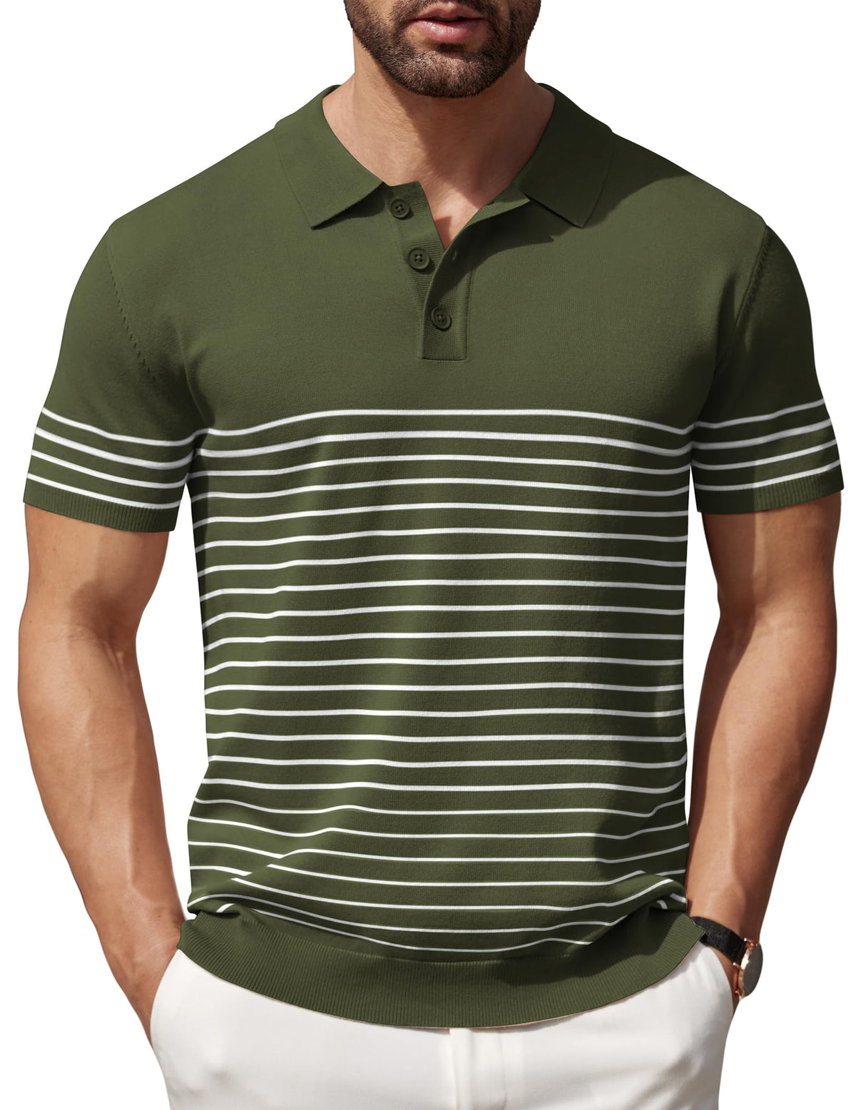COOFANDY Mens Polo Shirt Short Sleeve Knit Texture Shirts Casual Striped Golf Shirt, Army Green, X-Large