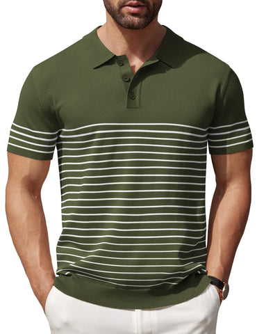 COOFANDY Mens Polo Shirt Short Sleeve Knit Texture Shirts Casual Striped Golf Shirt, Army Green, X-Large