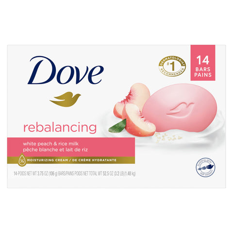 Dove Beauty Bar Soap Rebalancing White Peach & Rice Milk, 14 Count for a Nourished and Moisturized Skin, with ÃƒÆ’Ã¢â‚¬Å¡Ãƒâ€šÃ‚Â¼ Moisturizing Cream Plant-Based Formula, 3.75 oz