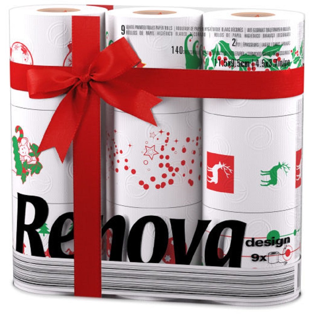 Renova Christmas Toilet Paper - 9 Pack, 3-Ply Soft & Absorbent Festive Holiday Rolls with Unique Xmas Prints - Fun Decorative Bathroom Tissue - 110 Sheets Per Roll, Durable & Strong