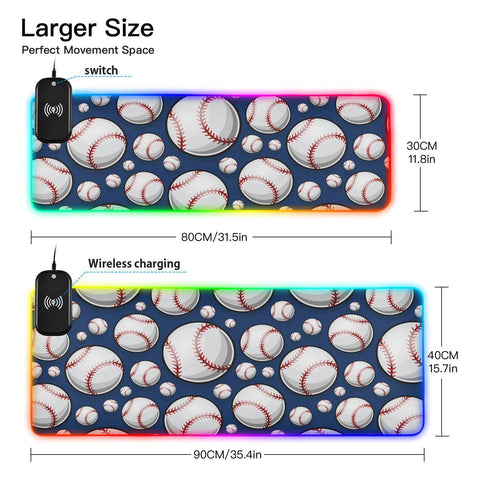 Baseball Softball-01 Wireless Charging Mouse Pad for Mobile Phone Extra Large Gaming Mousepad with 13 Lighting Modes Mouse Mat for Office Home Gaming MacBook PC Laptop Desk