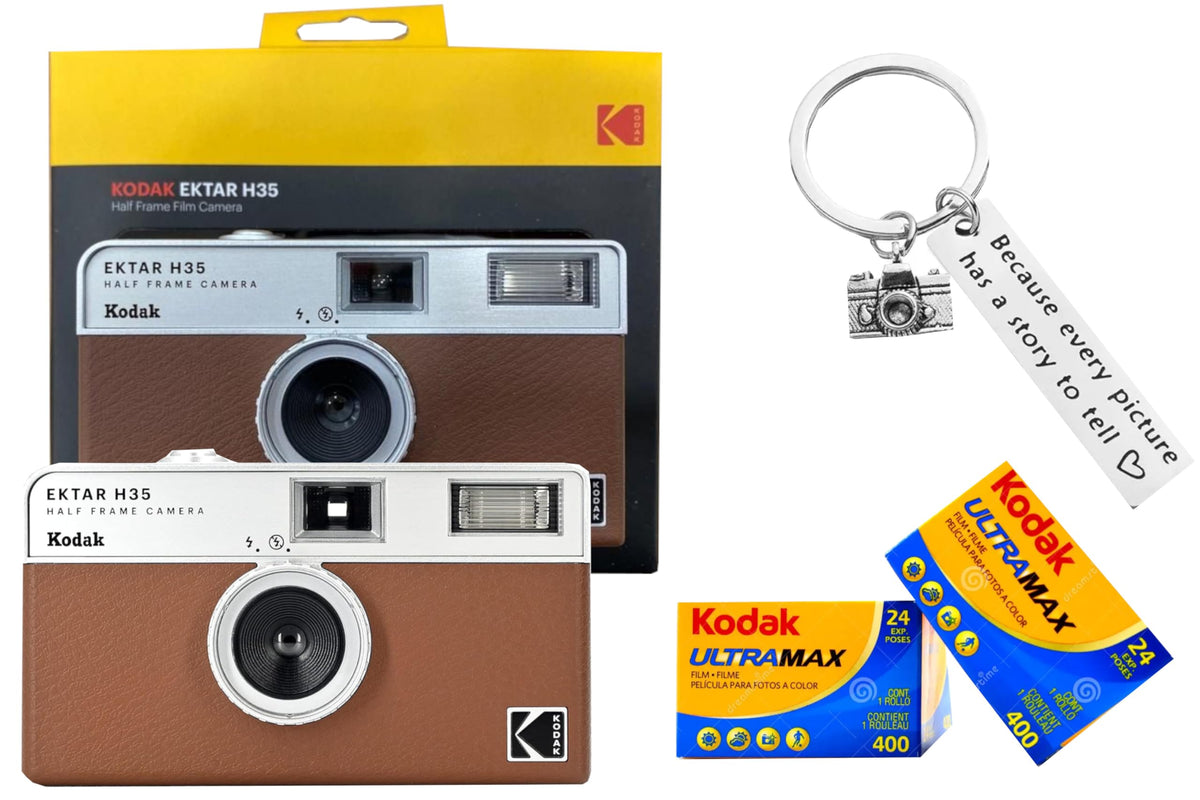 Kodak Ektar H35 Half-Frame Retro Camera Bundled with Kodak Ultramax 400 3mm Film (2 Rolls of 24 Exposures Each) Plus a Bonus Camera-Style Keychain