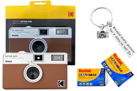 Kodak Ektar H35 Half-Frame Retro Camera Bundled with Kodak Ultramax 400 3mm Film (2 Rolls of 24 Exposures Each) Plus a Bonus Camera-Style Keychain