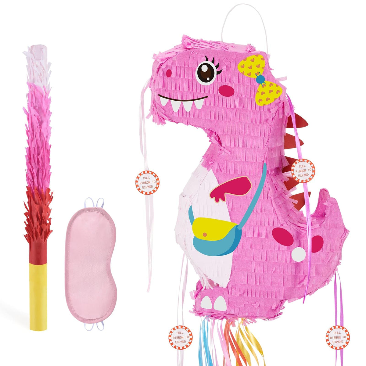 WERNNSAI Dinosaur Pull String Pinata - Foldable Pinata Dinosaur Birthday Party Game Decorations for Girls Pinata with Blindfold Bat and Tassels Dinosaur Party Supplies Pink