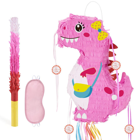WERNNSAI Dinosaur Pull String Pinata - Foldable Pinata Dinosaur Birthday Party Game Decorations for Girls Pinata with Blindfold Bat and Tassels Dinosaur Party Supplies Pink