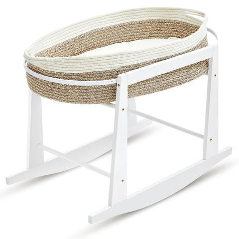 Pinkunn Moses Basket Stand Rocking Moses Basket Rocker Stand Adjustable Wooden Bassinet Stand with Wheels for Newborn, Basket is Not Included(White, 29 x 16 x 19.5 Inch)