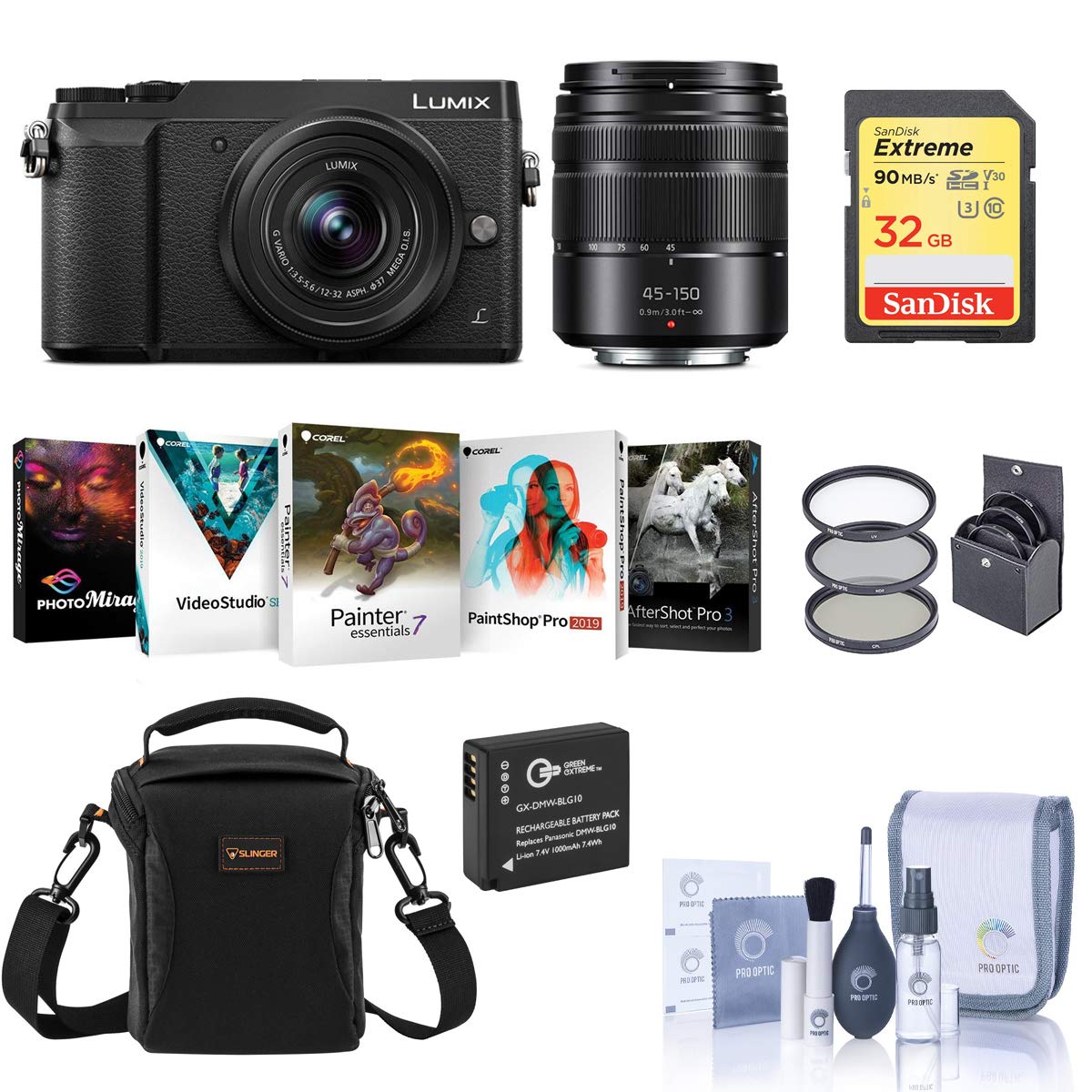 Panasonic Lumix DMC-GX85 Mirrorless Camera, Black, with 12-32mm and 45-150mm Lens Bundle with Bag, 32GB SD Card, Filter Kit, Extra Battery and Accessories