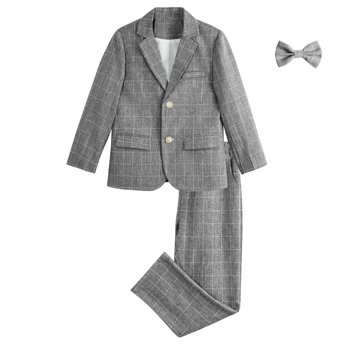 LOLANTA 3PCS Page Boys Plaid Suit, Wedding Prom Smart Blazer, Formal Wear Jacket Trousers Bow Tie Set(Darkgray,7-8 Years,Tag 130)