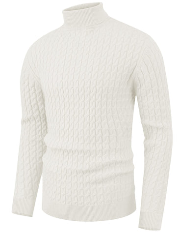 Hisir Mens Jumper Turtle Neck Tops Twisted Knitted Pullover Winter Slim Fit Long Sleeve Sweater Solid Colour Basic Warm Jumpers (03 White, M)