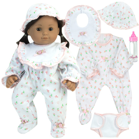 Sophia's 5 Piece Floral Print Sleeper, Bib, Hat, Diaper and Bottle Set for 15'' Dolls, White/Pink