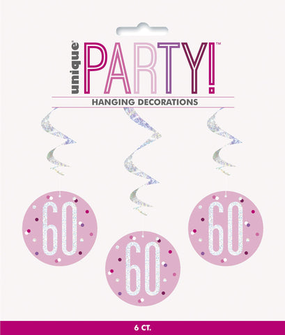 Unique 83814 Pink Hanging Swirl Decorations-32 Silver | 6 Pcs, Age 60