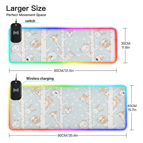 Cute Animals Cartoon Snow Tree Wireless Charging Mouse Pad for Mobile Phone Extra Large Gaming Mousepad with 13 Lighting Modes Mouse Mat for MacBook PC Laptop Desk Office Home Gaming