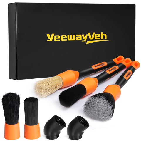 YeewayVeh Car Detailing Brush Set, 5Pcs Car Detailing Brushes with 2 Elbow, 2pcs Boars Hair, 1pc Ultra Soft Detail Brush for Dashboard Air vent Leather Seat, 2pcs Detailing Brush for Interior Exterior