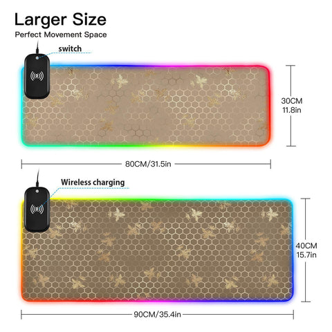 Bee Gold Wireless Charging Mouse Pad for Mobile Phone Extra Large Gaming Mousepad with 13 Lighting Modes Keyboard Mat for MacBook PC Laptop Desk Office Home Gaming