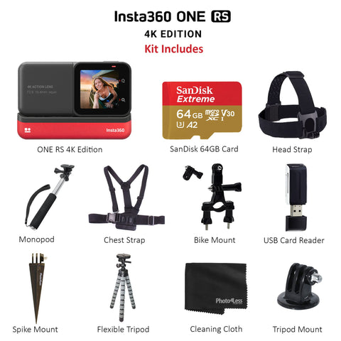 Insta360 ONE RS 4K Edition + SanDisk 64GB SD Card + Monopod + Chest Strap + Head Strap + Bike Mount - Top Accessory Bundle