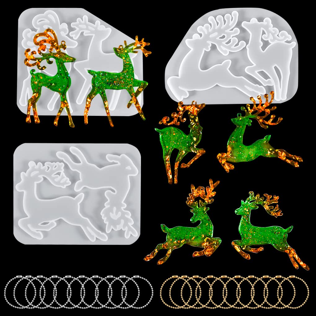 FineInno 3pcs Christmas Resin Molds, Elk Silicone Molds for Resin,Jewelry Molds for Epoxy Resin DIY Xmas Hanging Ornament,Pendant with 20 Chains