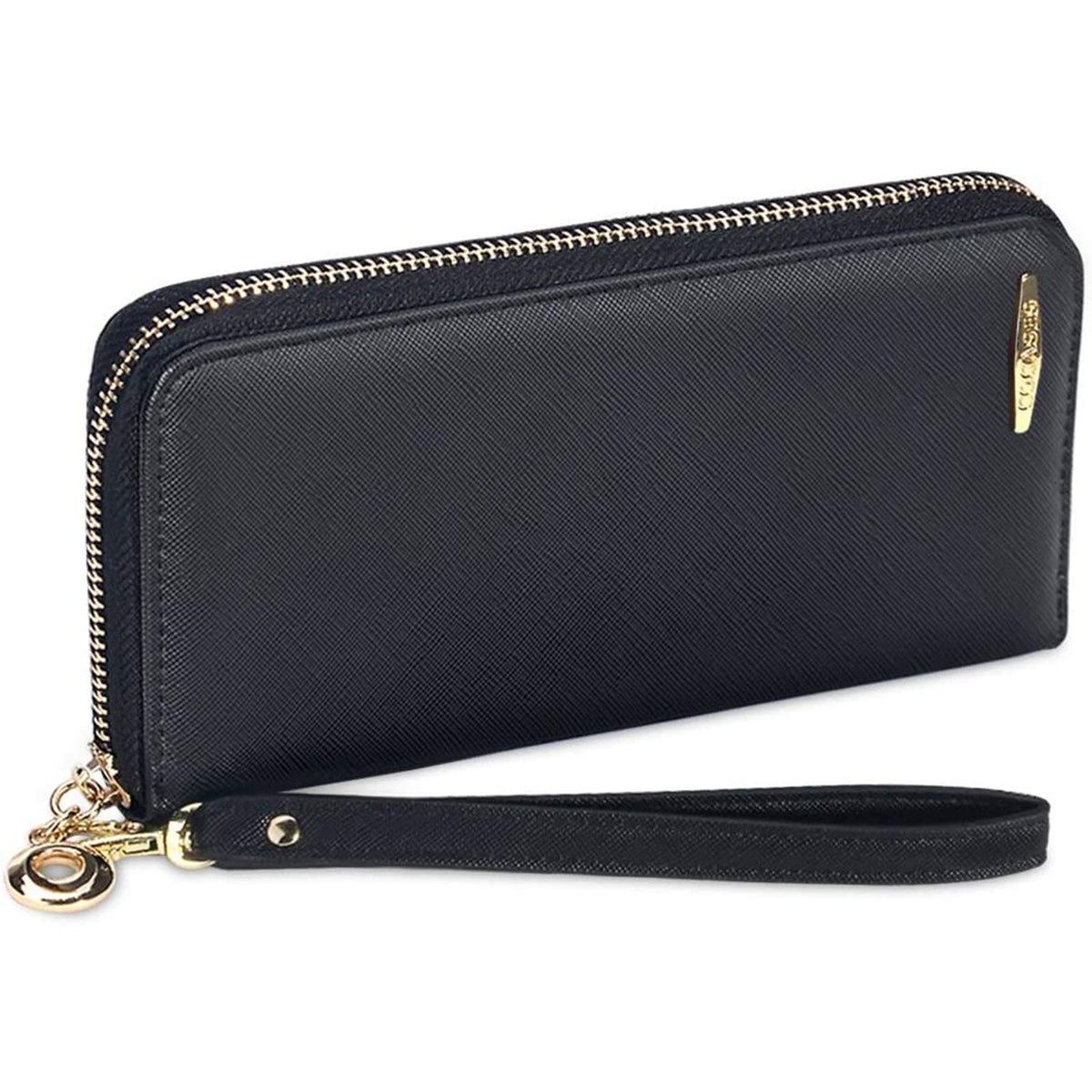 COCASES Ladies Purse Leather PU RFID Blocking Wristlet Zipped Large Clutch Bag Wallet for Women in Black
