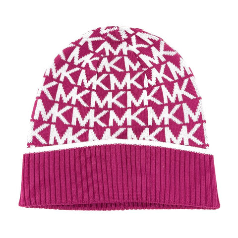 Michael Michael Kors Women`s Bordered MK Logo Cuff Beanie, Deep Fuchisa Cream, One Size