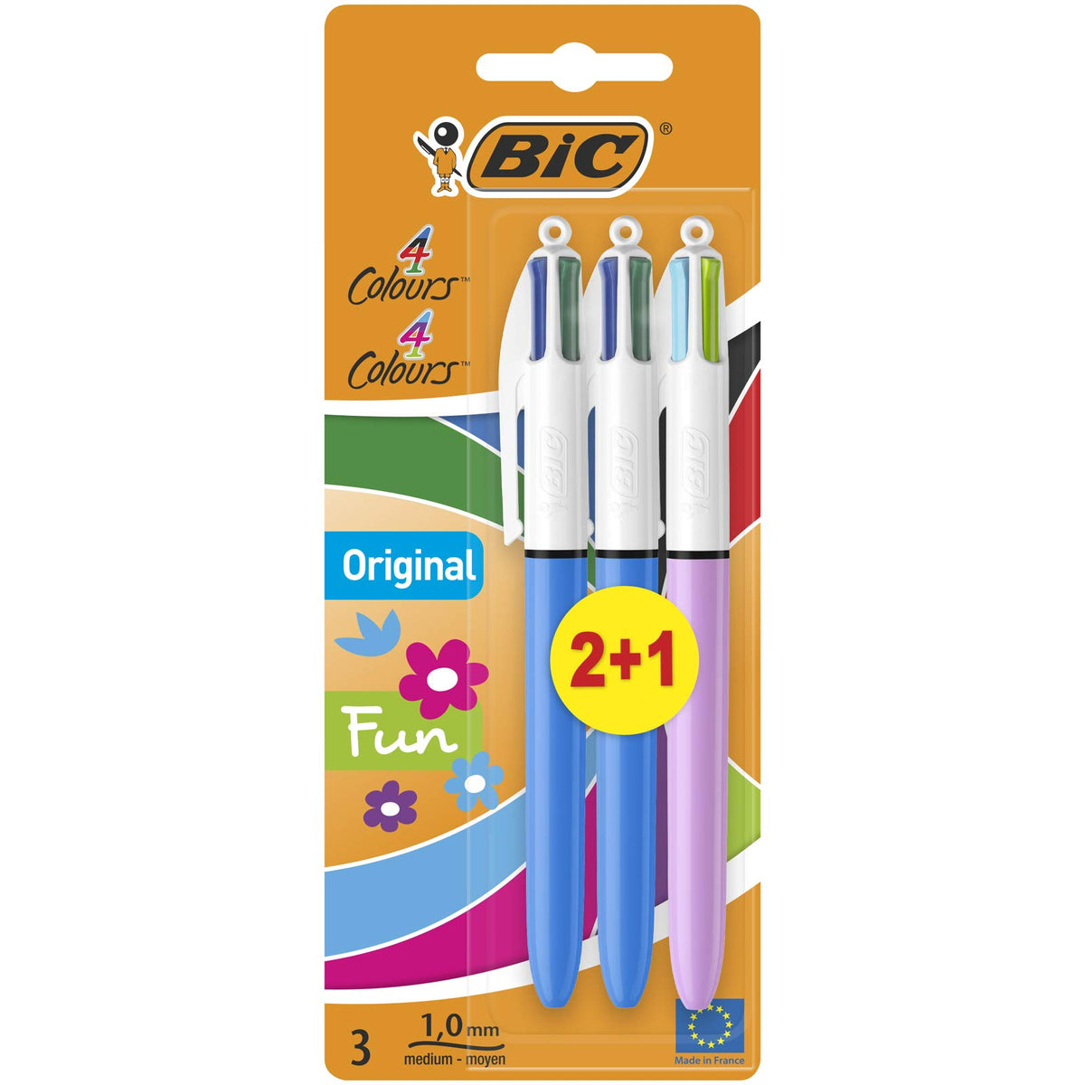 Bic 883783 4 Colours Original and Bic 4 Colours Fun Ball Pens Medium Point (1.0 mm) - Blue, Green, Lilac, Lime, Turquoise, Pink, Red, Black, Purple, 3 Count (Pack of 1)