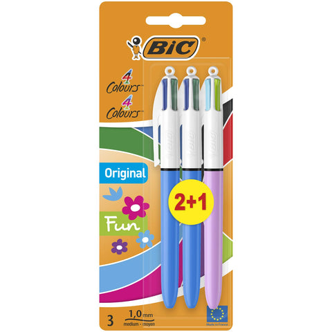 Bic 883783 4 Colours Original and Bic 4 Colours Fun Ball Pens Medium Point (1.0 mm) - Blue, Green, Lilac, Lime, Turquoise, Pink, Red, Black, Purple, 3 Count (Pack of 1)